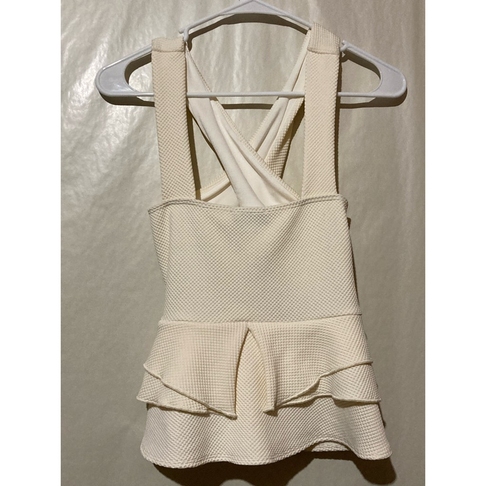 Bebe Womens‎ Peplum Top Off White Textured Criss Cross Back Square Neck USA XS